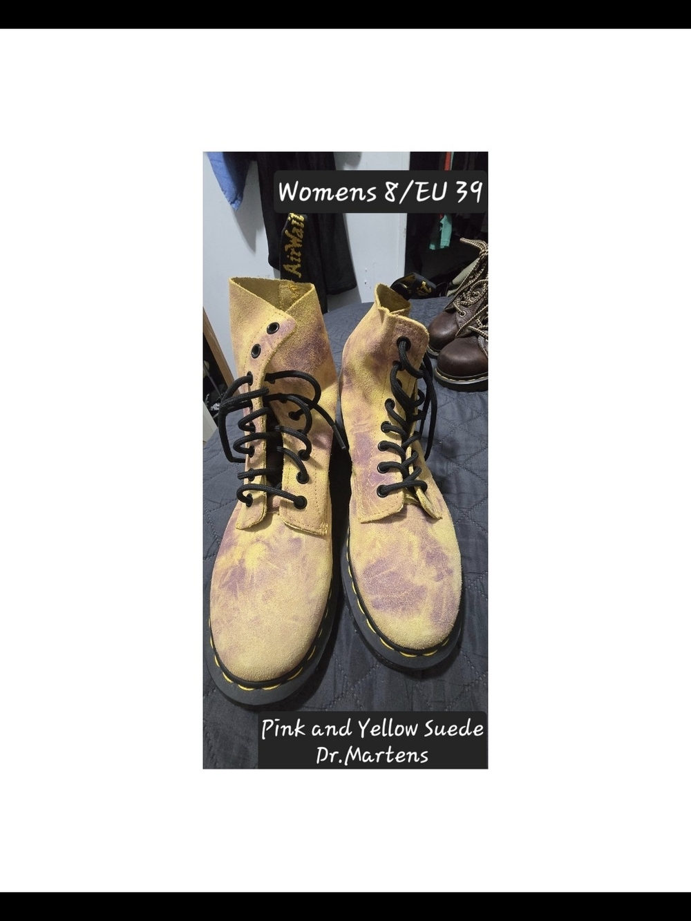 Dr. Martens Pink and Yellow Suede Lace-Up Boots